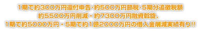 1期で約300万円還付申告･約500万円節税･5期分追徴税額約5500万円削減・約7300万円融資斡旋、1期で約5000万円・5期で約1億2000万円の借入金削減実績有り